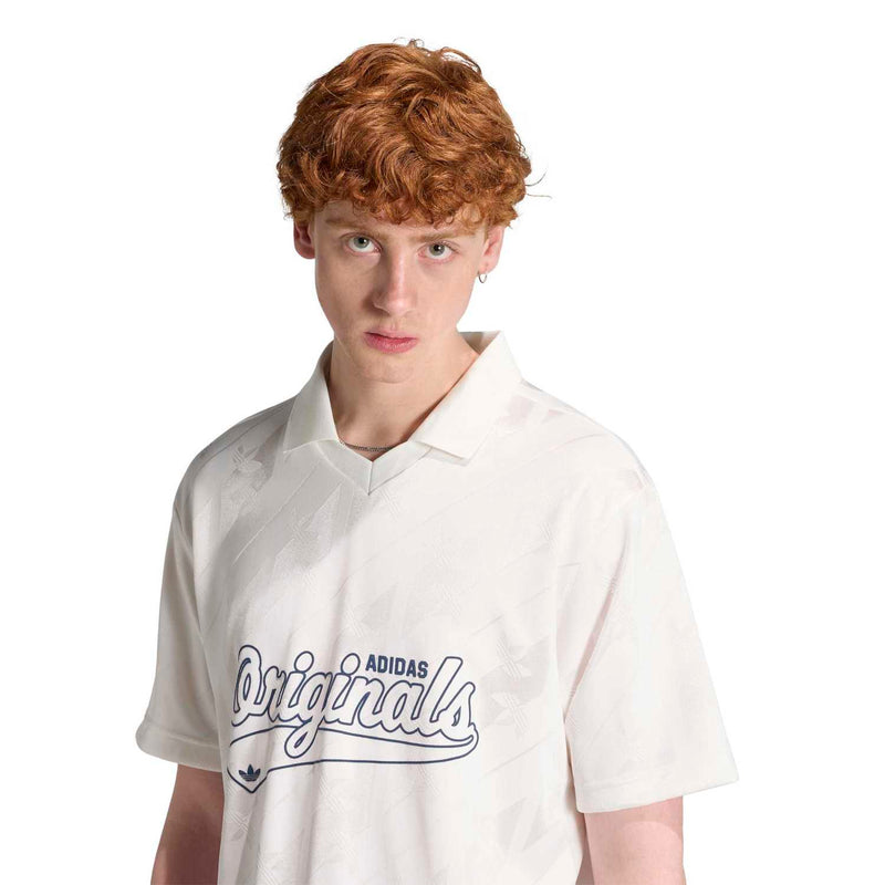 Men's white jacquard polo shirt front view with Originals script and Adidas logo