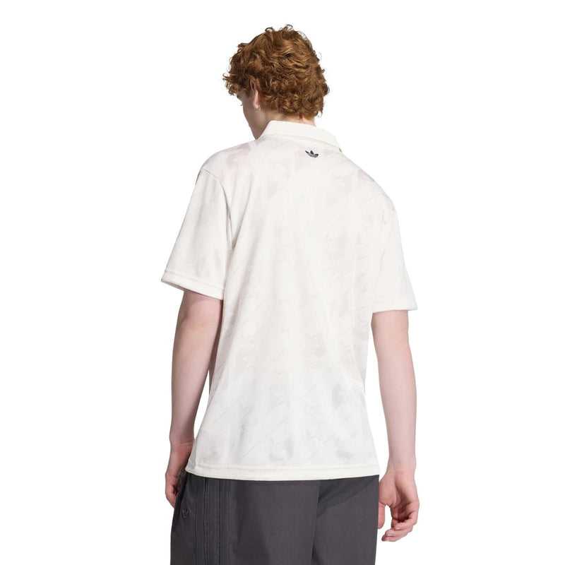 Men's white jacquard polo shirt back view with small Adidas Originals trefoil