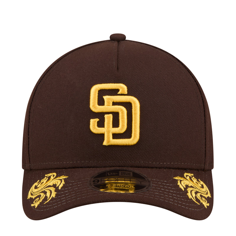 Brown baseball cap with gold SD logo front and gold side embroidery on brim