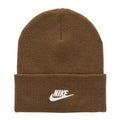 Brown knit beanie with folded cuff and white Nike swoosh logo