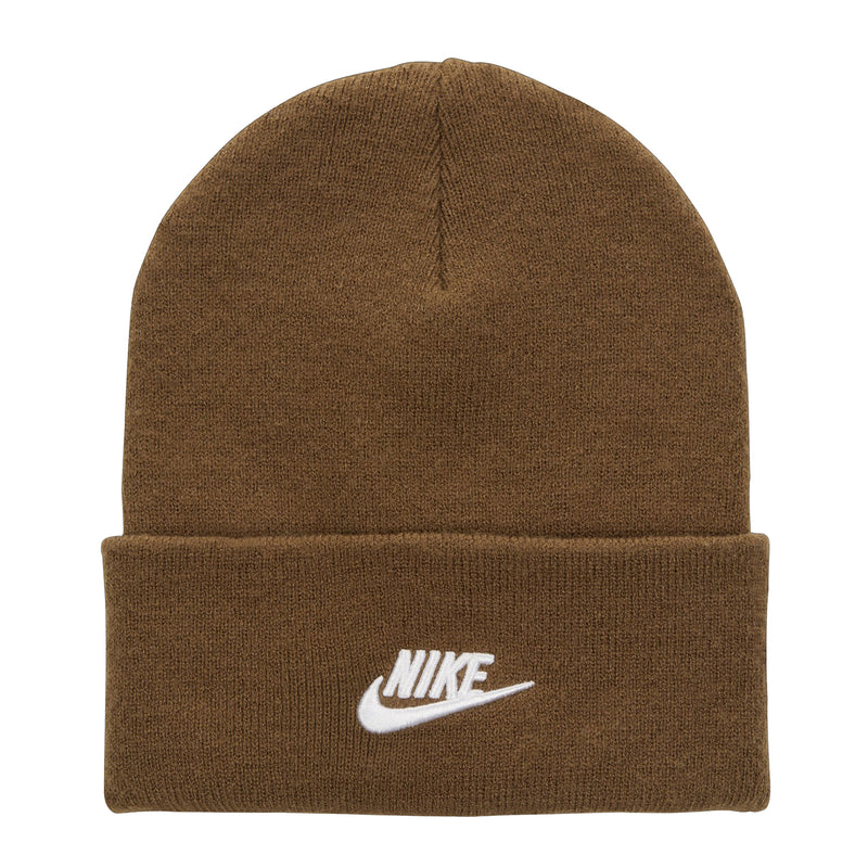 Brown knit beanie with folded cuff and white Nike swoosh logo