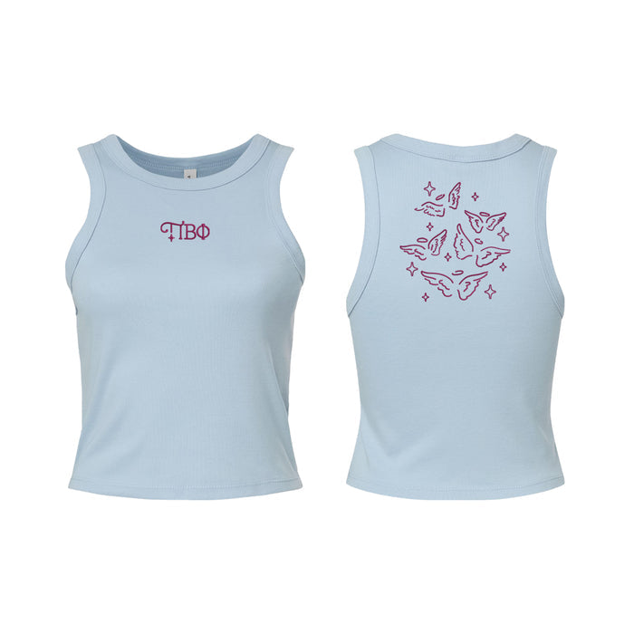 Pi Beta Phi Crop Tank Top - Racer Back - New Logo Wings - Baby Blue