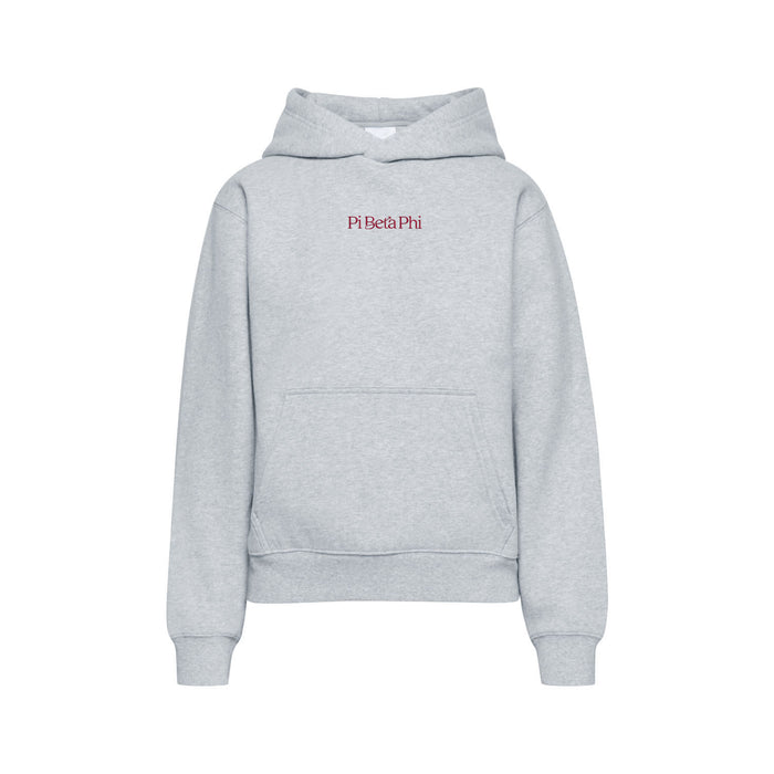 Pi Beta Phi light gray hooded sweatshirt with embroidered wine logo