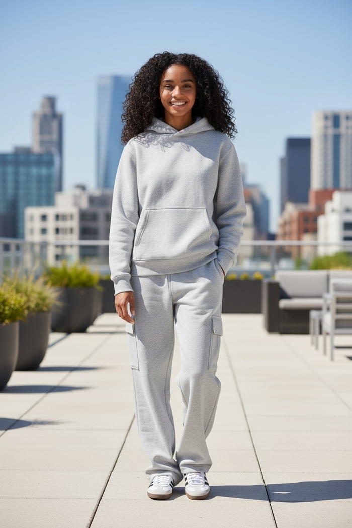 Person wearing Pi Beta Phi gray hoodie and matching pants outdoors