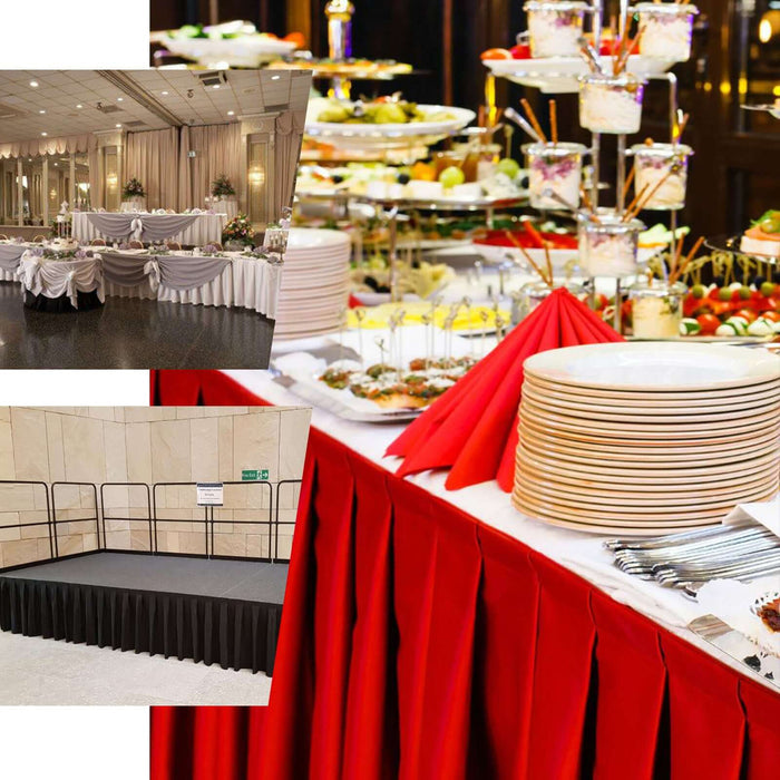 Event catering setup with elegant table displays and food arrangements.