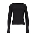 Black long-sleeve ribbed women’s top with crew neckline