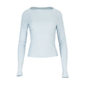 Women's long-sleeve crewneck top in light blue, slim fit, front view.