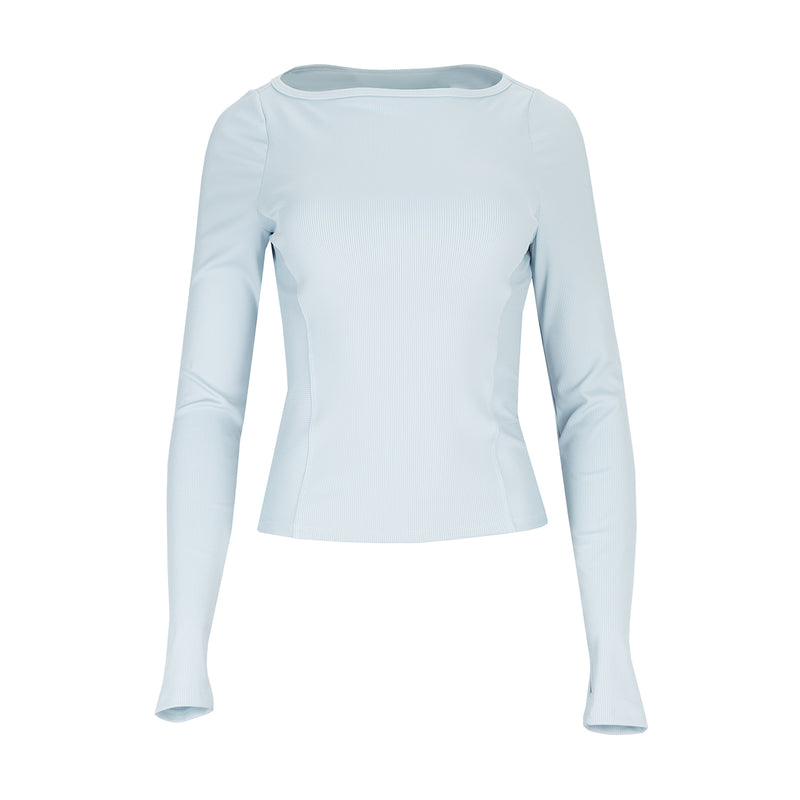 Women's long-sleeve crewneck top in light blue, slim fit, front view.