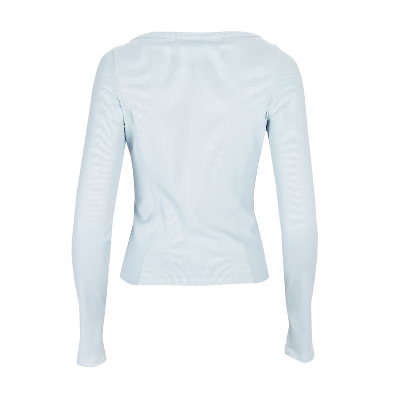 Women's long-sleeve crewneck top in light blue, slim fit, back view.