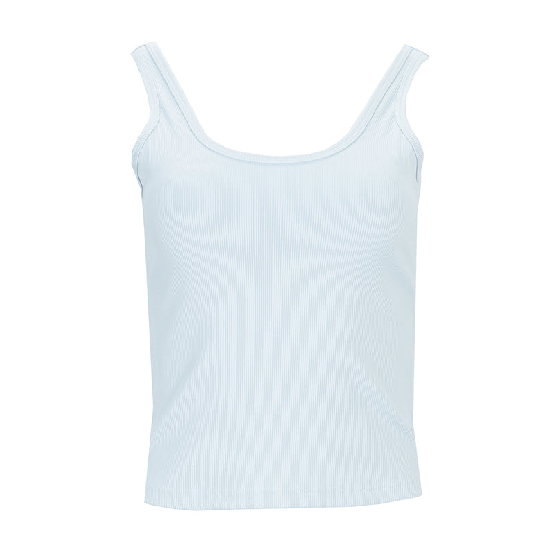 Light blue ribbed women's sport tank top with scoop neck and wide straps