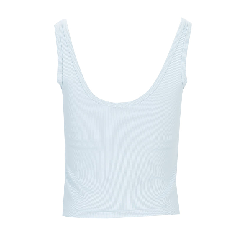Light blue ribbed women's sport tank top with scoop neck and racer-style straps