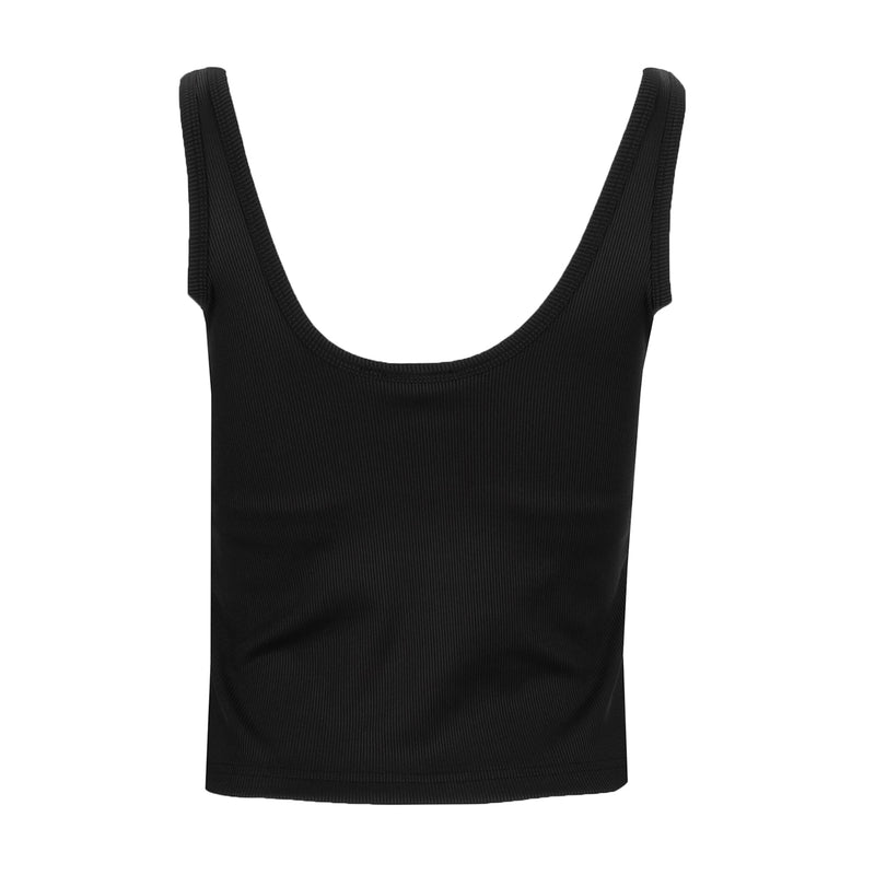 Womens black ribbed sport tank top flat lay with wide scoop neck