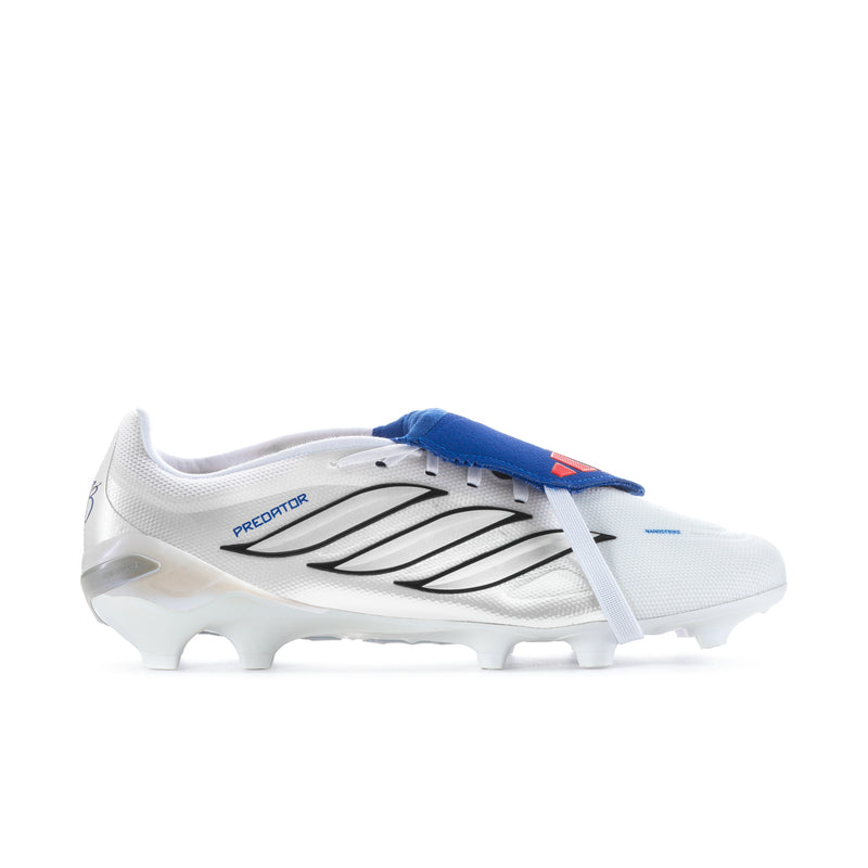 Men's football cleat, white upper with blue accents, black stripes and molded studs