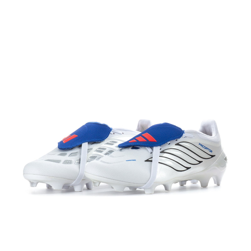 Men's football cleat, white top with blue straps and red accents, molded stud outsole