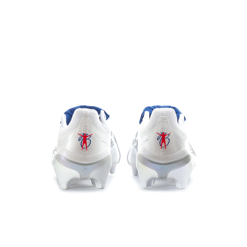 Pair of men's football cleats, white backs with blue details and red logo, molded studs