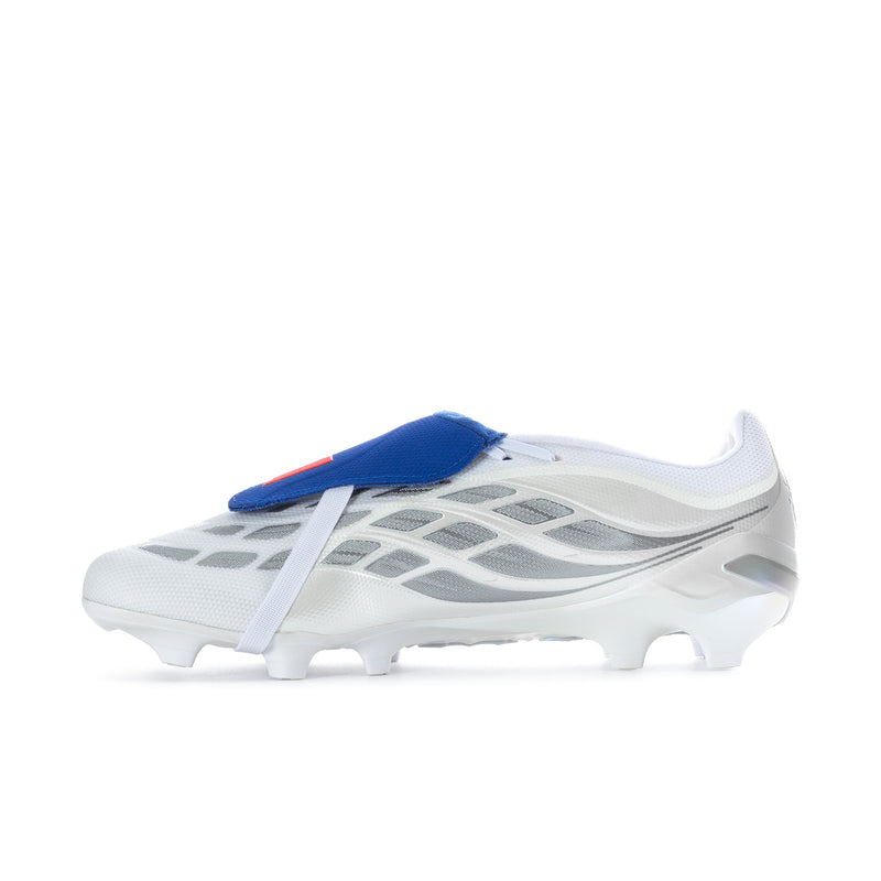 Men's football cleat, white side profile with blue forefoot strap and gray pattern, studs