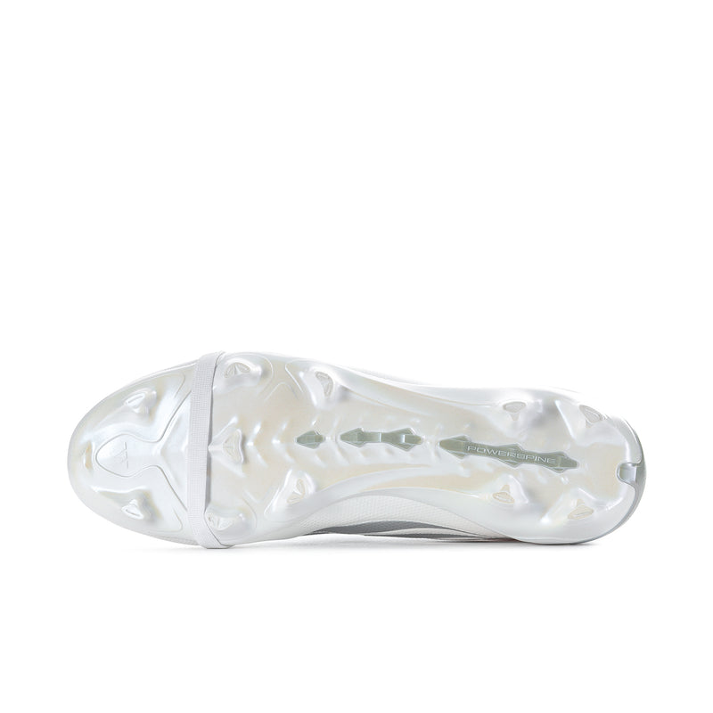 White football cleat outsole with molded traction studs and patterned grip