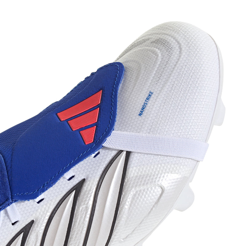 Men's football cleat close-up: white upper with blue panel and red logo, knit collar