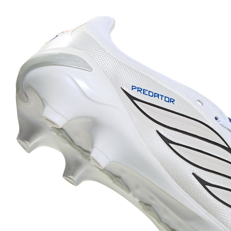 Men's football cleat close-up, white upper with PREDATOR text and black stripe details