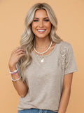 PRETTY BASH Solid Lace Embroidered Patch Short Sleeve Tee
