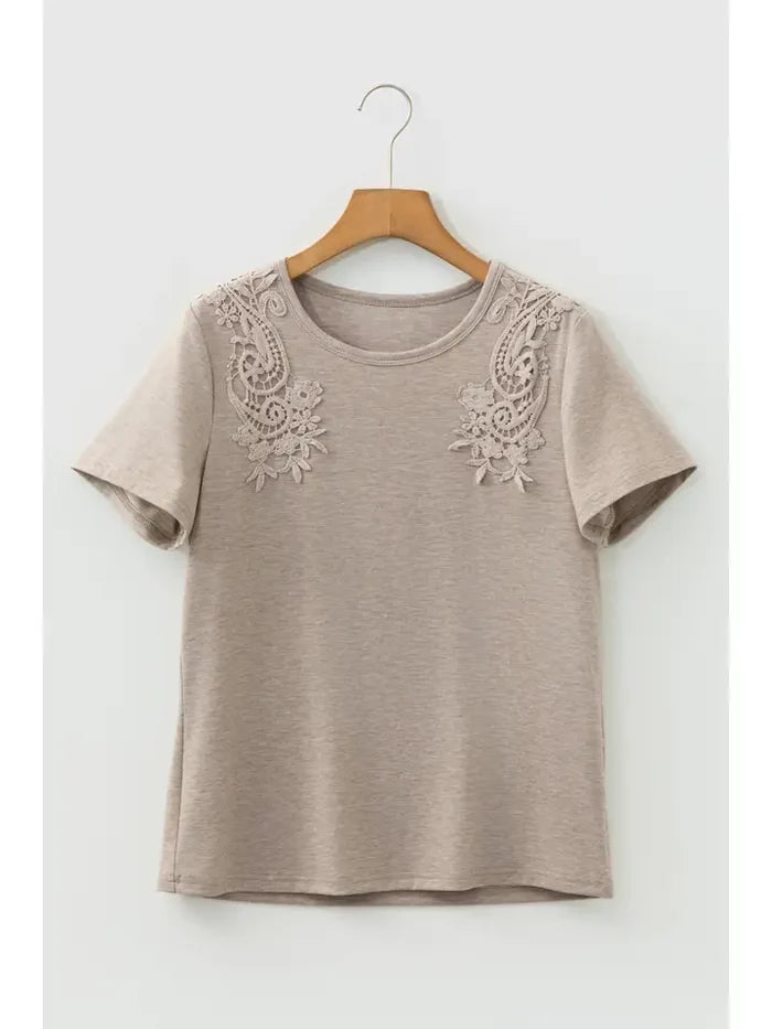 PRETTY BASH Solid Lace Embroidered Patch Short Sleeve Tee