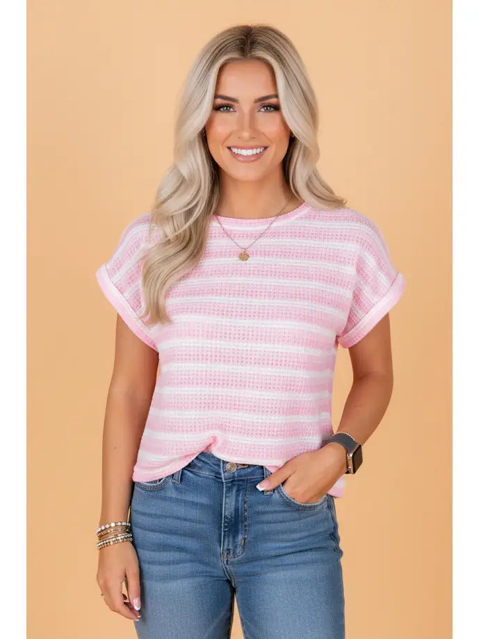 PRETTY BASH Stripe Waffle Knit Short Sleeve T-Shirt