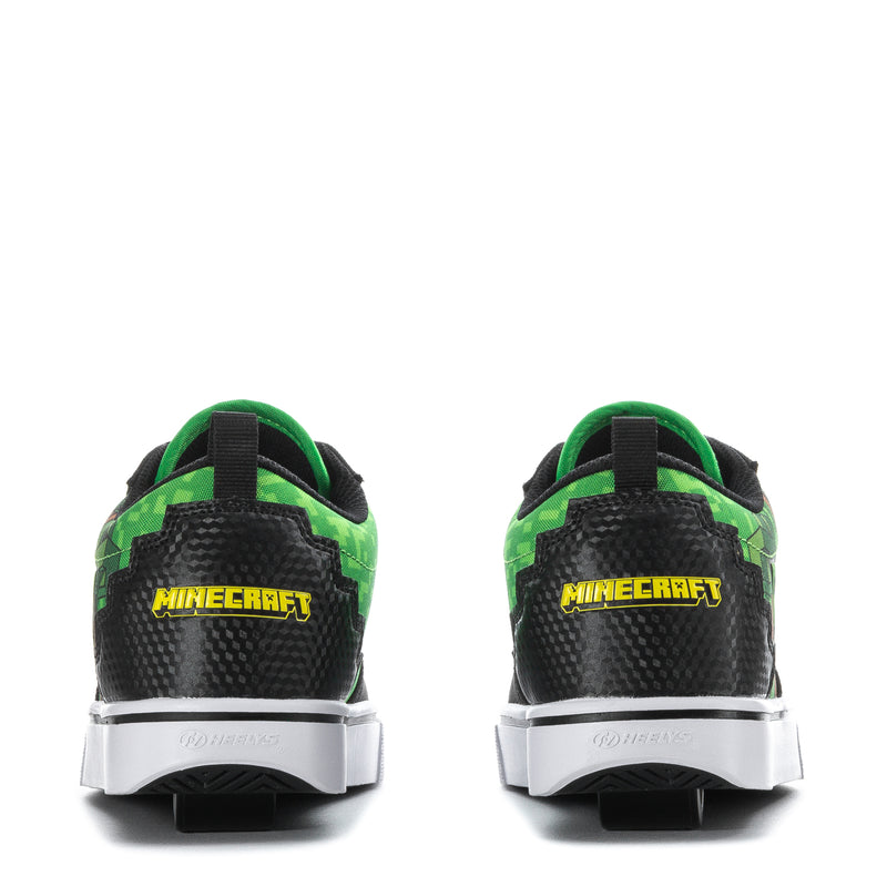 Youth black sneaker heel with green trim and Minecraft-style logo