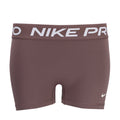 Women’s 3-inch performance shorts, dark mauve with Nike Pro elastic waistband.