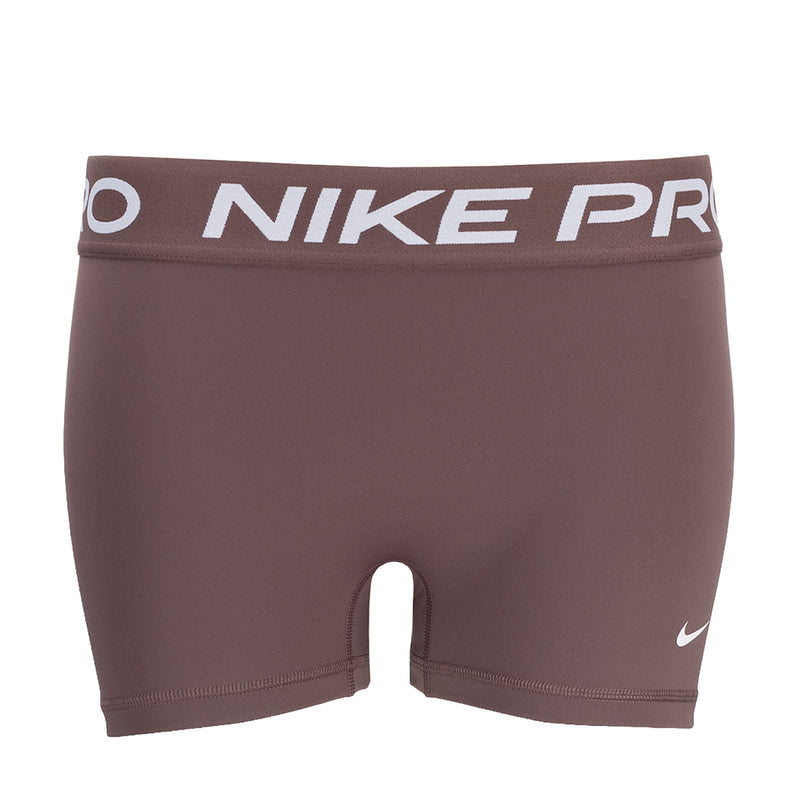 Women’s 3-inch performance shorts, dark mauve with Nike Pro elastic waistband.