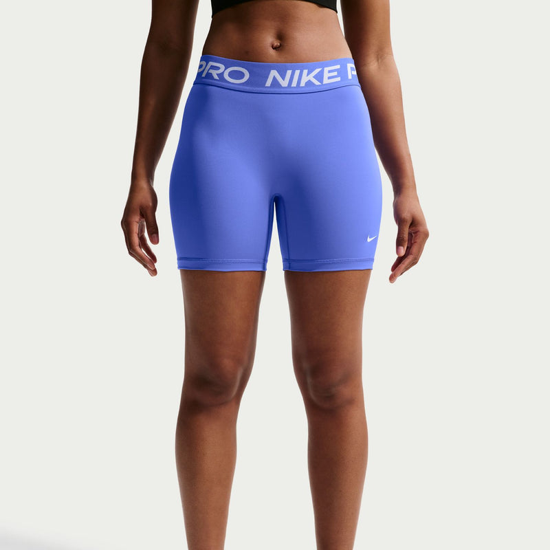 Women's sapphire blue 5-inch shorts, full view with Nike Pro waistband
