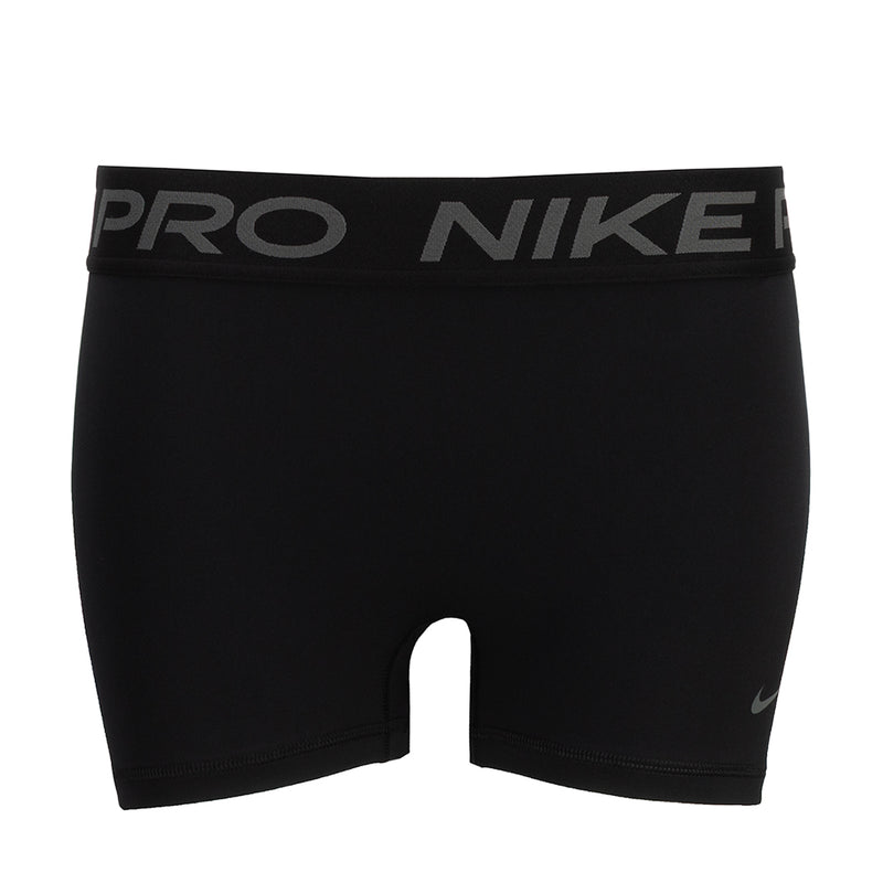 Black Nike Pro DF 3-inch women's compression shorts with elastic waistband logo