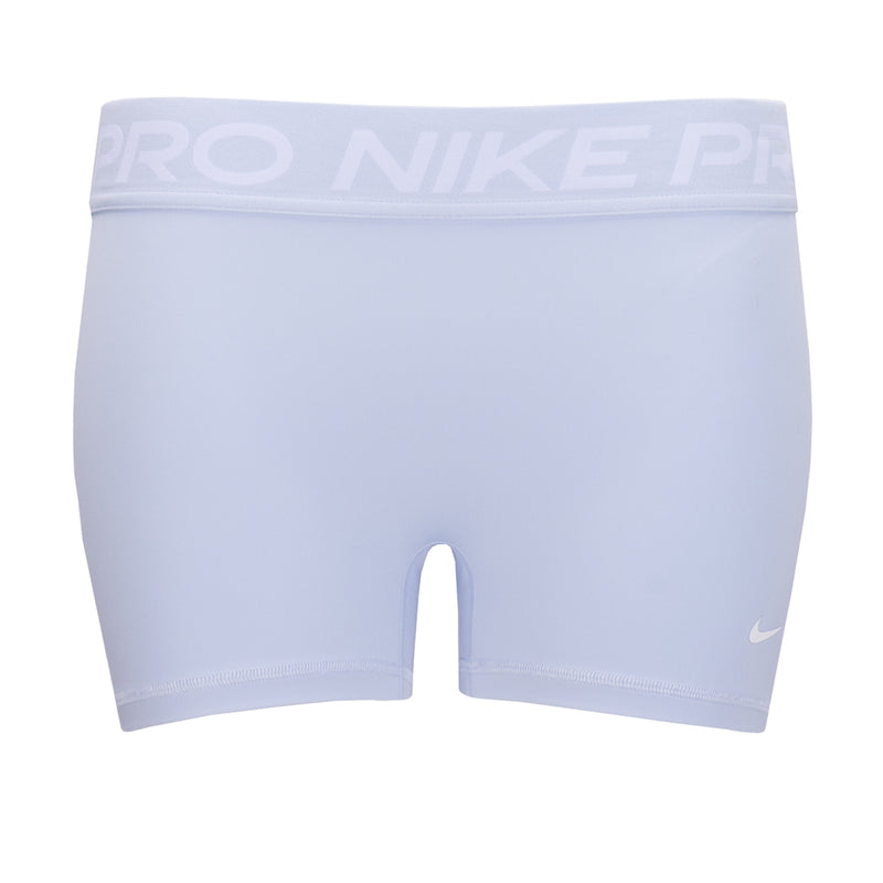 Women's Nike Pro 3" performance shorts, light blue with elastic waistband and small side logo