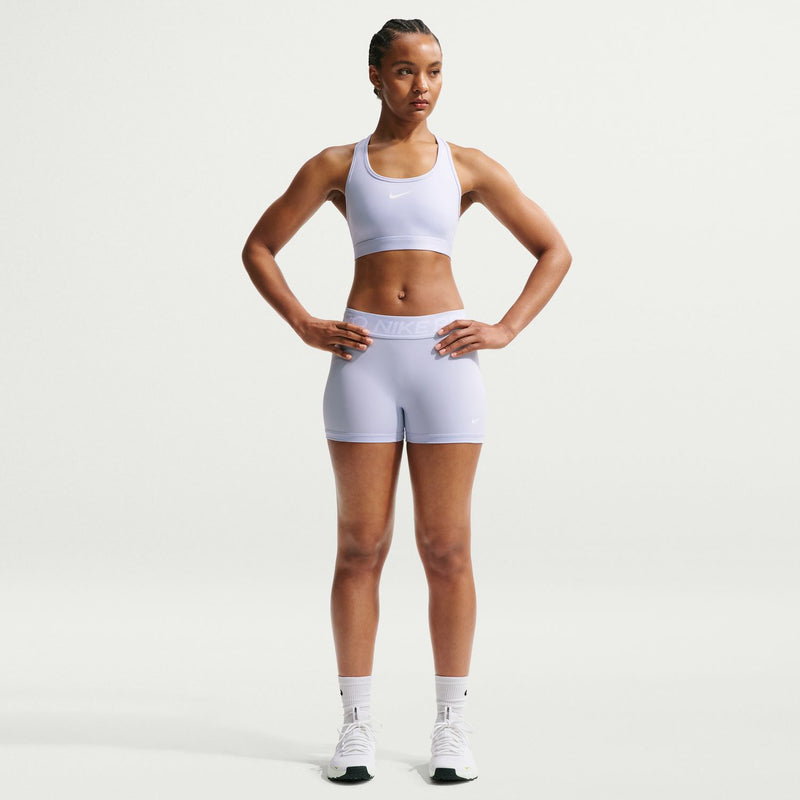 Women's Nike Pro 3" light-blue shorts, front view with side logo and smooth seam lines