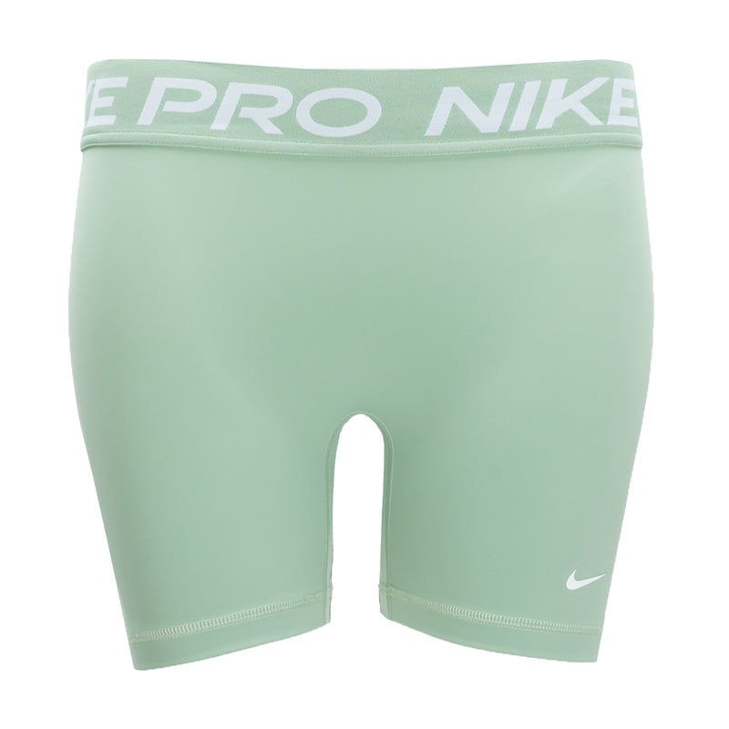 Women's Nike Pro DF 365 5-inch shorts, mint green, centered leg opening, Nike logo.
