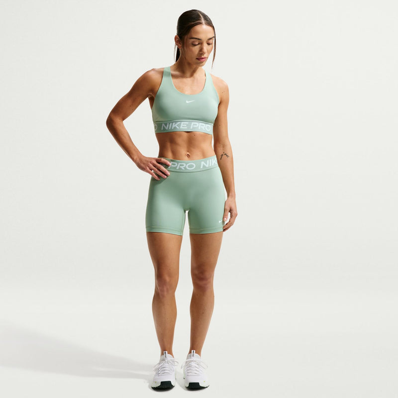 Women's Nike Pro DF 365 5-inch athletic shorts, mint green, mid-thigh fit.