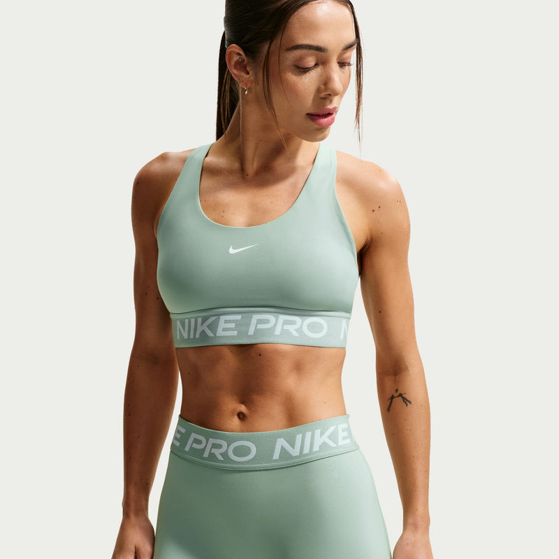 Women's Nike Pro DF 365 5-inch shorts, mint green waistband with repeating 'Nike Pro'.