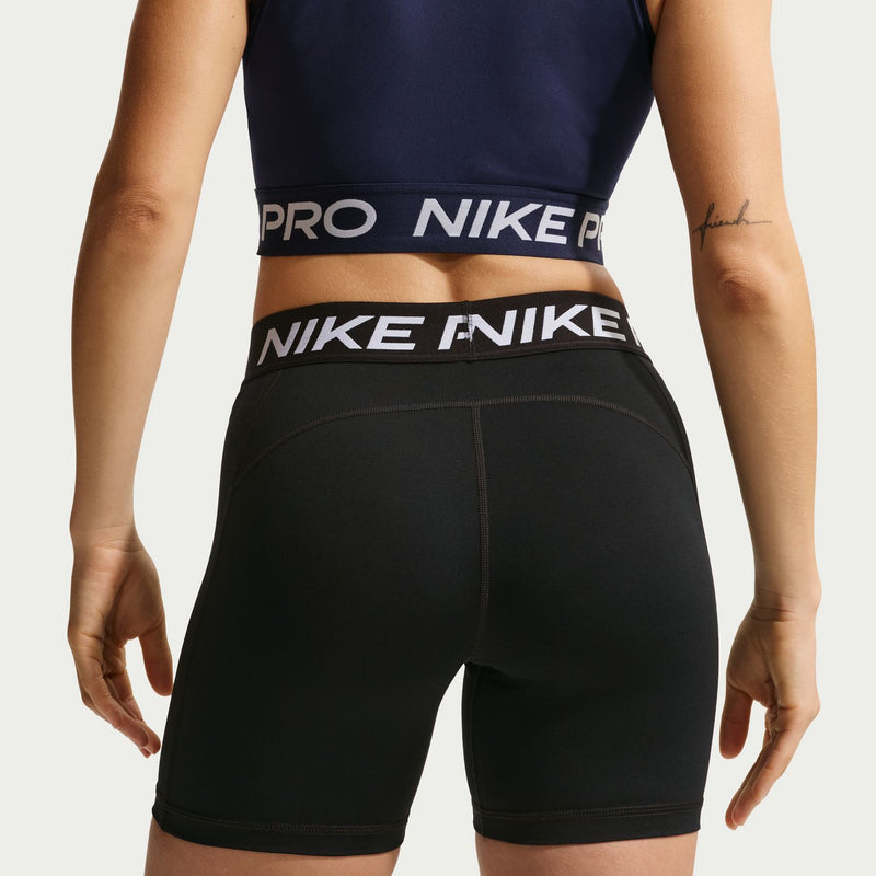 Nike Pro DF 365 women's black 5-inch compression shorts, close-up of waistband and seams
