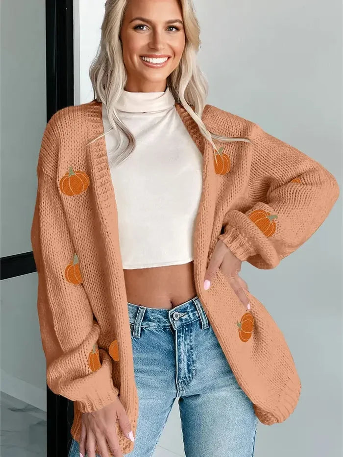 Pumpkin Print Open Front Drop Shoulder Midi Cardigan