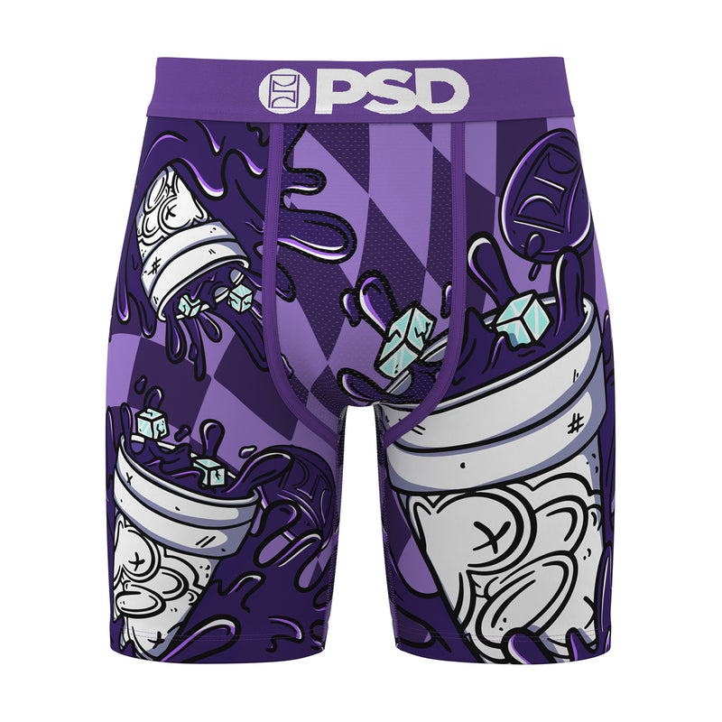 Men's purple boxer briefs with white cartoon graphic; PSD logo waistband