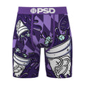 Men's purple boxer briefs with white cartoon graphic; PSD logo waistband