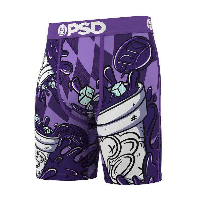 Men's purple boxer briefs with white cartoon graphic, side view; PSD logo waistband