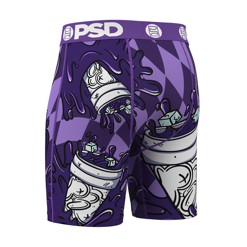 Men's purple boxer briefs with white cartoon graphic; front view; PSD logo waistband
