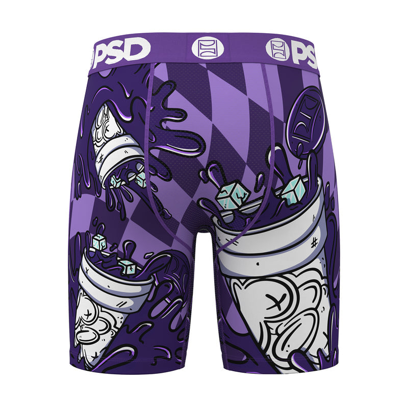 Men's purple boxer briefs with white cartoon graphic; straight-on view; PSD logo waistband