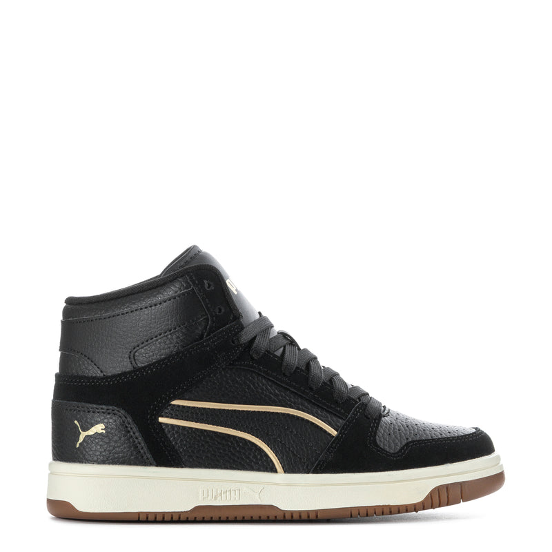 Women's black high-top sneakers with gold stripe and gum outsole