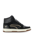 Women's black high-top sneakers with gold stripe and gum outsole