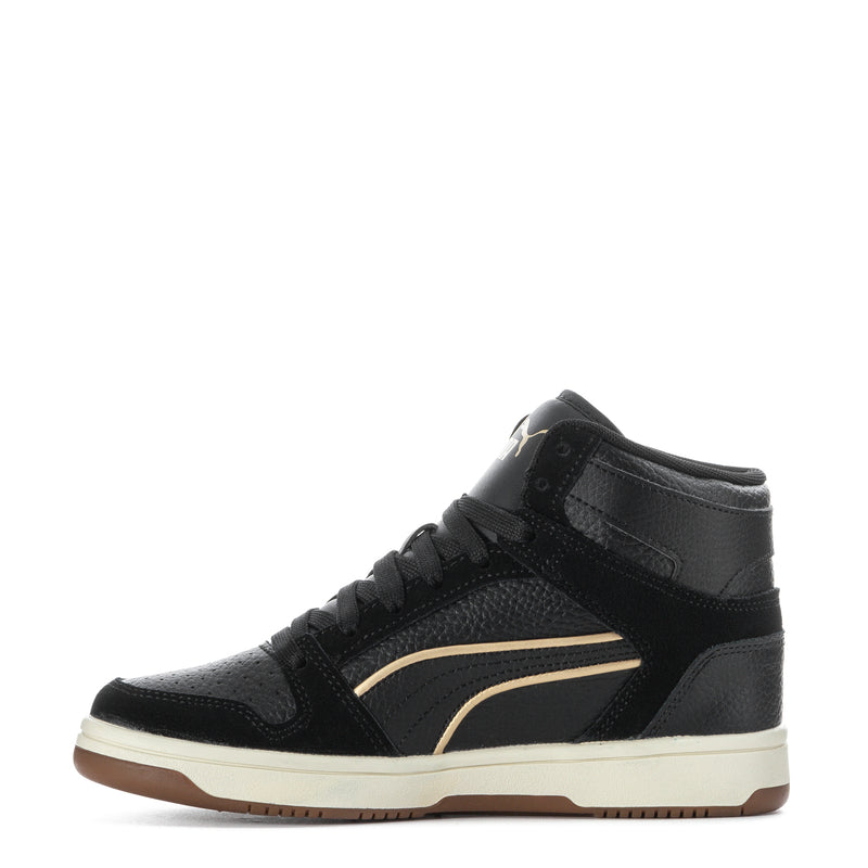 Women's black high-top sneakers, side profile with gold stripe and cream sole