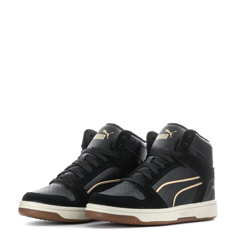 Pair of women's black high-top sneakers with gold stripe and gum outsole