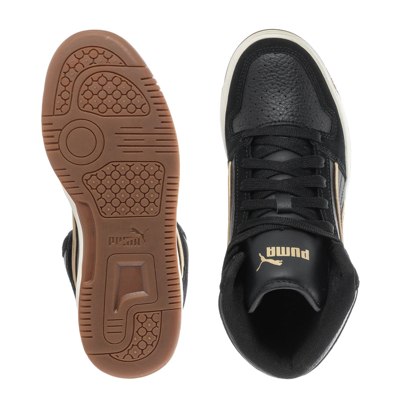 Women's black high-top sneakers with textured outsole and padded tongue