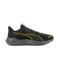 Men's black running shoes with yellow Puma logo and contrast trim