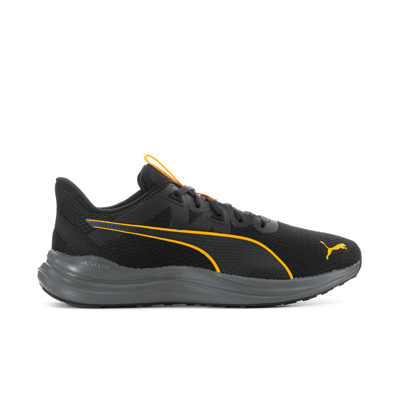 Men's black running shoes with yellow Puma logo and contrast trim